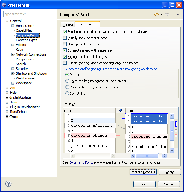 Compare preference page (Text Compare tab)