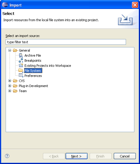 Import Wizard. Import resources from the local file system.