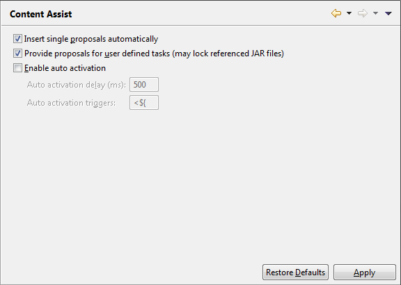 Ant Content Assist preference page