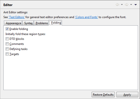 Ant editor Folding preference page