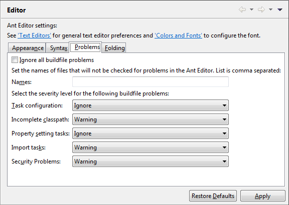 Ant editor Problems preference page