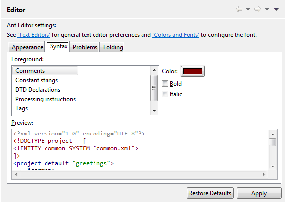 Ant editor syntax preference page