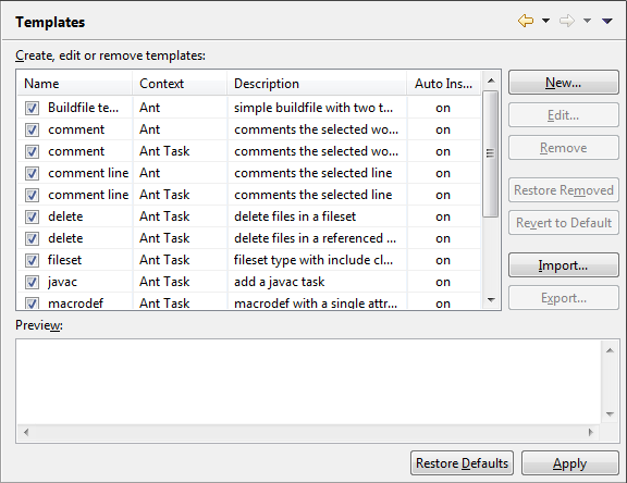 Ant Templates preference page