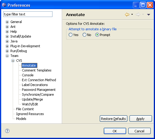 CVS Annotate preference page