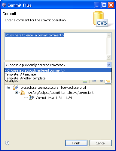 Commit dialog with comment templates displayed