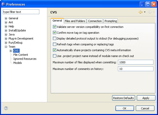 CVS preference page - General tab