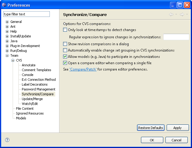 Synchronize/Compare preference page