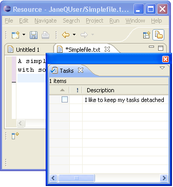 Picture of Workbench window with a detached view containing the Task view on top of it 