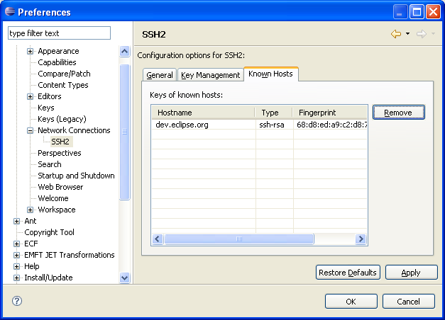 SSH2 preference page - Known Hosts tab