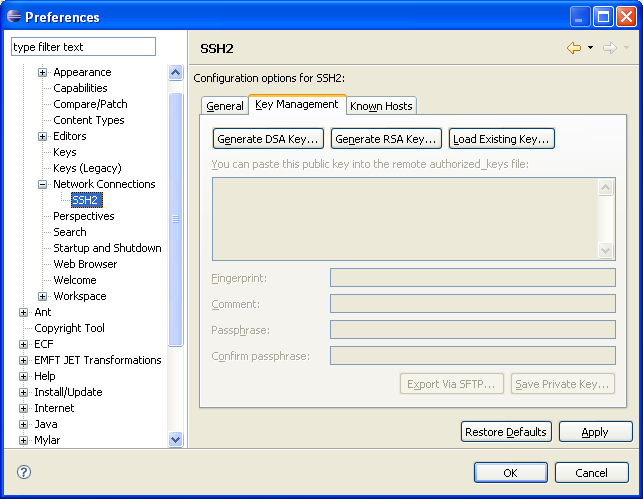 SSH2 preference page - Key Management tab