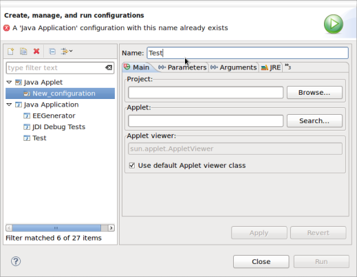 Launch configuration dialog showing name conflict error